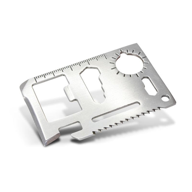 Stainless steel credit card-sized multi-tool set of 30 with various functions for outdoor and emergency use.