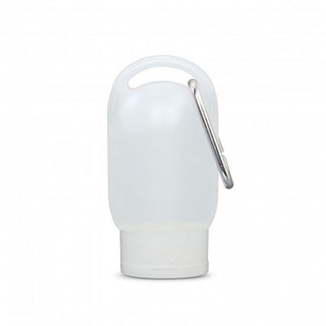 Gel hand sanitiser tubes in white, featuring a flip cap and carabiner clip, perfect for hygiene on the go. Set of 30.