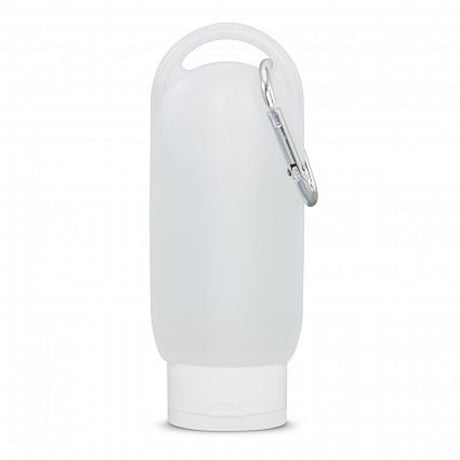 Set of 30 white gel hand sanitizers, 55ml tubes with flip cap and carabiner clip for convenient on-the-go hygiene.