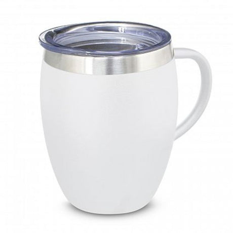 Set of 6 white Verona vacuum cups with handles, double-wall stainless steel, keeps drinks hot or cold, BPA-free.