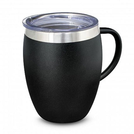 Set of 6 black Verona vacuum cups with handles, double wall insulated for hot or cold drinks, featuring a spill-proof lid.