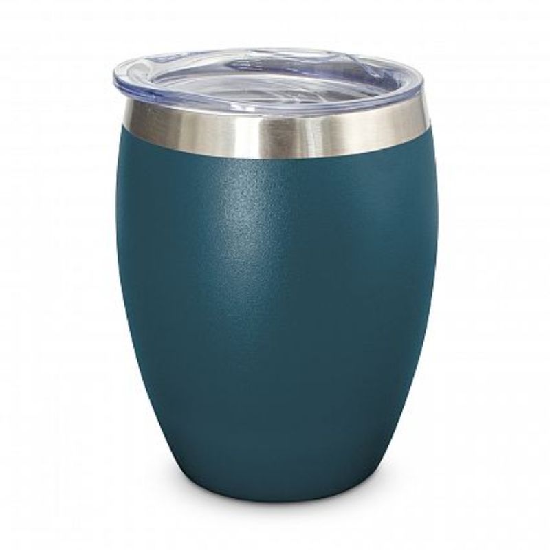 Set of 6 navy vacuum cups with double wall insulation, spill-proof lids, and vibrant powder-coated finish for on-the-go drinks.