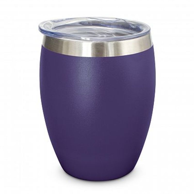 Set of 6 purple Verona Vacuum Cups, stainless steel, double-wall insulated, keeps drinks hot or cold, includes spill-proof lids.