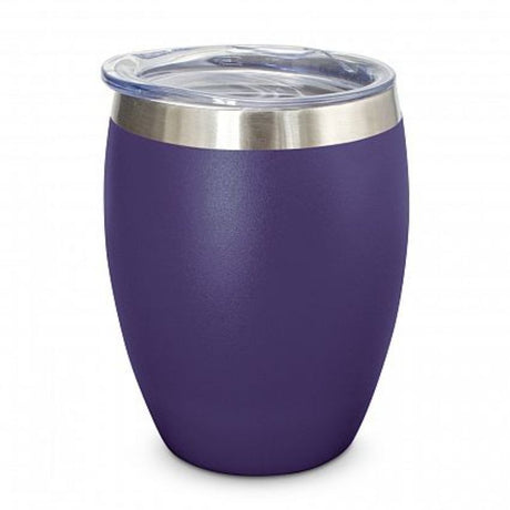 Set of 6 purple Verona Vacuum Cups, stainless steel, double-wall insulated, keeps drinks hot or cold, includes spill-proof lids.