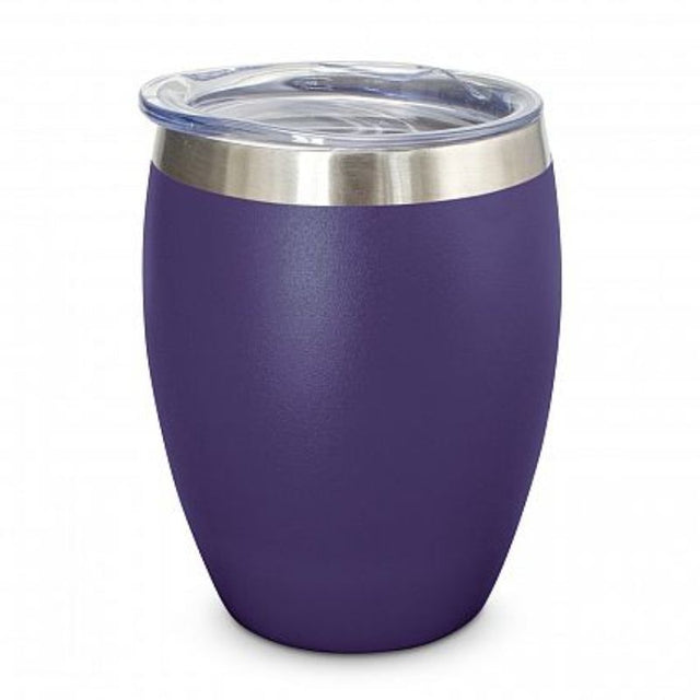 Set of 6 purple Verona Vacuum Cups, stainless steel, double-wall insulated, keeps drinks hot or cold, includes spill-proof lids.