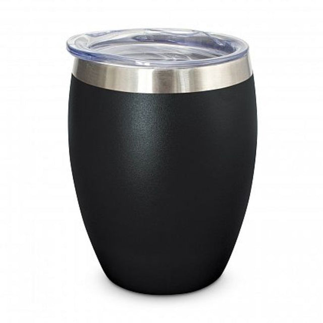 Set of 6 black Verona vacuum cups, 300ml, double-wall insulated with lids for temperature retention and stylish sipping.
