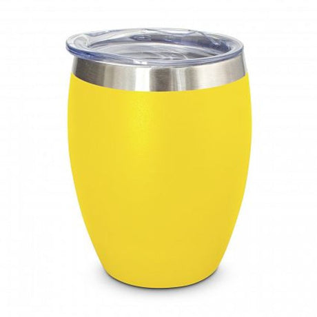 Set of 6 vibrant yellow vacuum insulated coffee cups, perfect for outdoor use, featuring BPA-free, durable stainless steel.