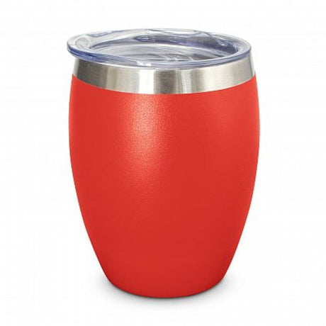 Set of 6 vibrant red Verona Vacuum Cups, double wall insulated, spill-resistant lid, perfect for hot or cold beverages on the go.