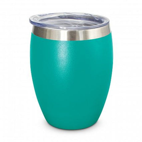 Set of 6 teal vacuum insulated stainless steel cups with spill-proof lids, perfect for hot or cold beverages.