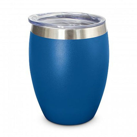 Set of 6 royal blue vacuum cups, 300ml, double wall insulated, stylish design with push-on lids for hot or cold beverages.