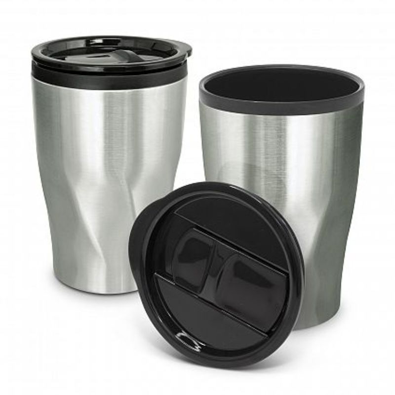 Set of 12 stainless steel Tornado coffee cups with twist pattern, double wall, 400ml capacity, and splashproof lids.