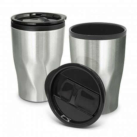 Set of 12 stainless steel Tornado coffee cups with twist pattern, double wall, 400ml capacity, and splashproof lids.