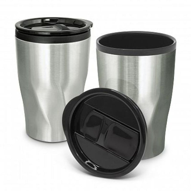 Set of 12 stainless steel Tornado coffee cups with twist pattern, double wall, 400ml capacity, and splashproof lids.