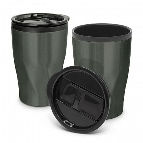 Set of 12 stylish gunmetal coffee cups with double-wall design, splashproof lids, and durable twist-patterned stainless steel.