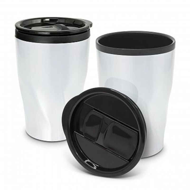 Tornado Coffee Cup set in gloss white, featuring insulated double walls, splashproof lids, and a modern twist design.