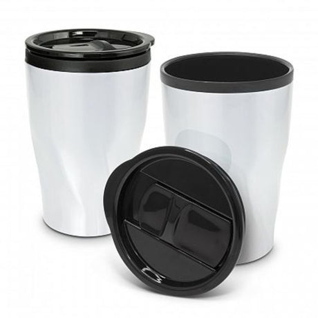 Tornado Coffee Cup set in gloss white, featuring insulated double walls, splashproof lids, and a modern twist design.