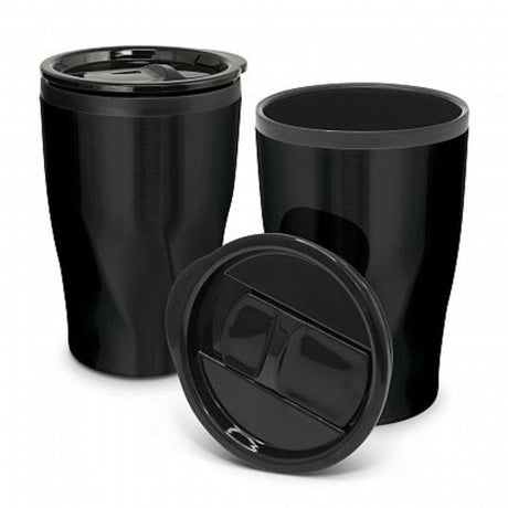 Set of 12 Matt Black Tornado Coffee Cups with twist-patterned stainless steel, spill-proof lids, and 400ml capacity.