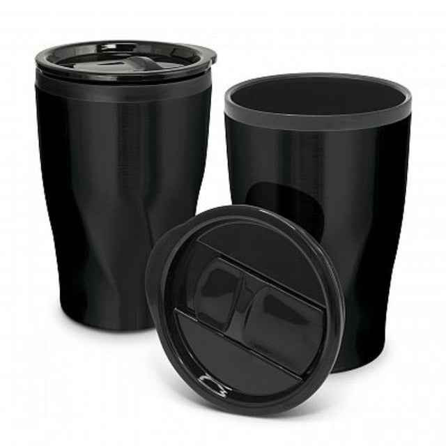 Set of 12 Matt Black Tornado Coffee Cups with twist-patterned stainless steel, spill-proof lids, and 400ml capacity.