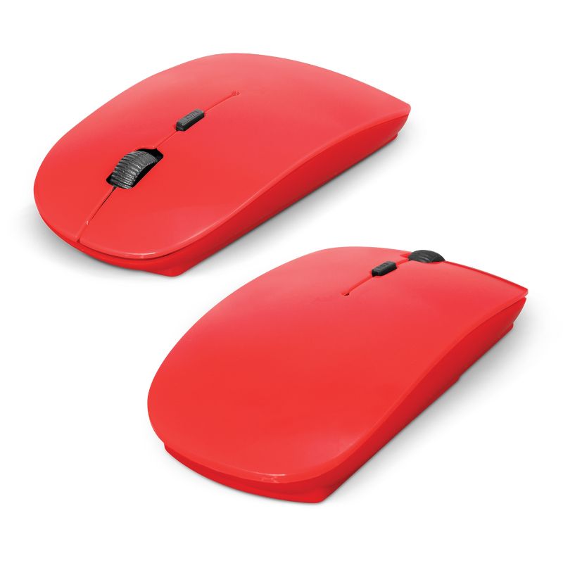 Set of 12 compact red wireless travel mice, compatible with Windows and Mac, featuring adjustable resolution and power-saving mode.