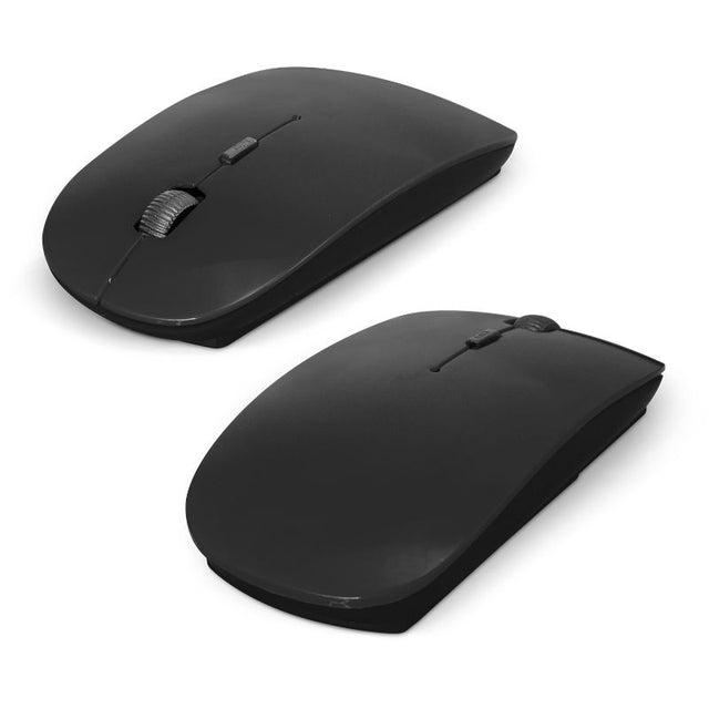 Set of 12 compact black wireless travel mice with adjustable resolution, compatible with Windows and Mac, including batteries.