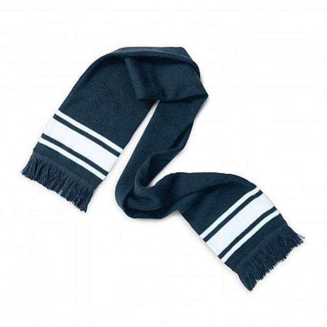 Set of 12 navy knitted scarves with trendy stripes and tassels, perfect for layering and keeping warm in winter.