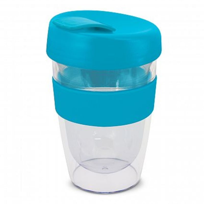 Set of 12 light blue 330ml reusable coffee cups with double wall, silicone band, and secure flip lid for spill-free enjoyment.