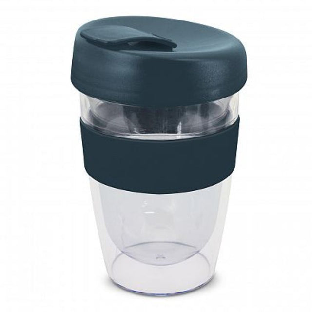 Set of 12 navy 330ml double wall coffee cups with silicone bands, secure lids, and BPA-free crystal clear AS plastic.