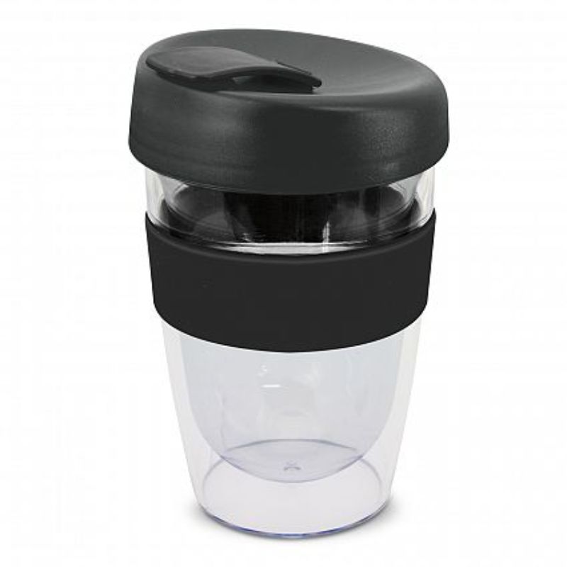 Set of 12 black double wall reusable coffee cups with silicone bands and splashproof lids, perfect for eco-friendly use.