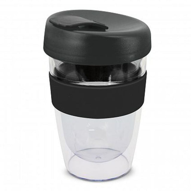 Set of 12 black double wall reusable coffee cups with silicone bands and splashproof lids, perfect for eco-friendly use.