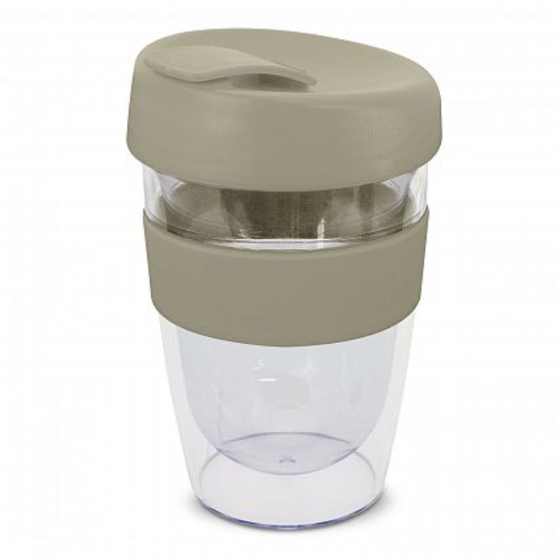 Set of 12 stylish grey 330ml coffee cups with silicone bands, double wall for heat retention, and secure spill-proof lids.