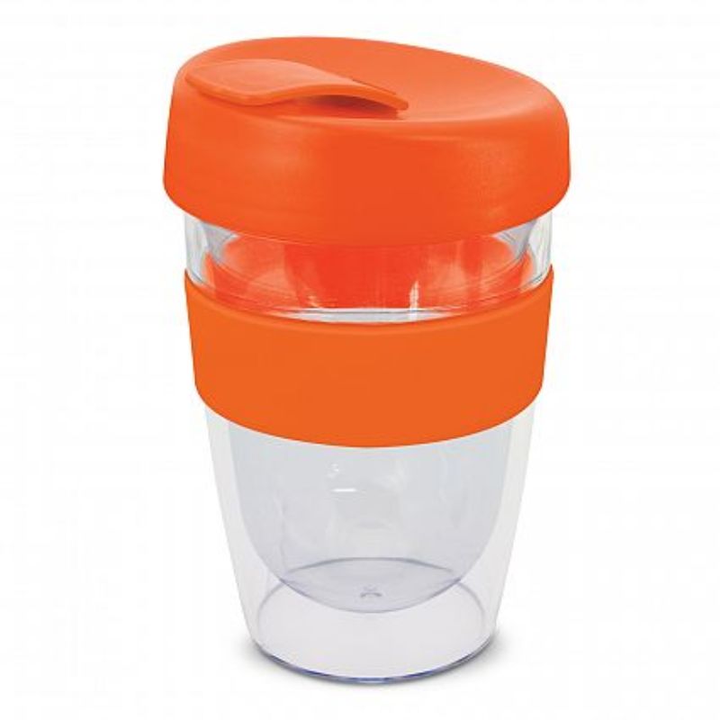 Vibrant orange reusable coffee cup set of 12, 330ml, with double-wall insulation, silicone band, and secure screw-on lid.