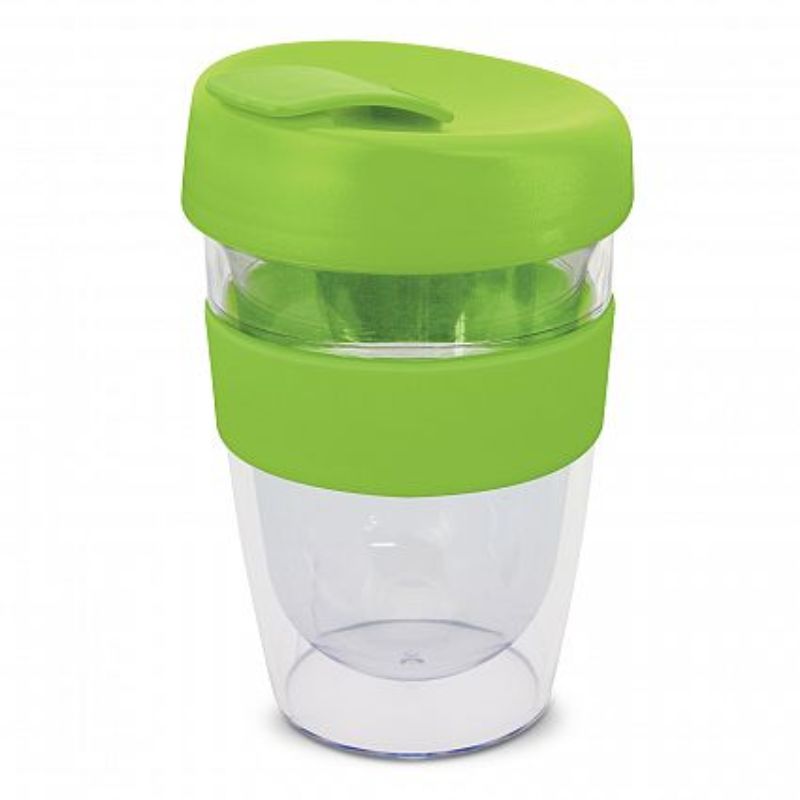 Bright green 330ml reusable coffee cups with silicone bands and splashproof lids, set of 12, ideal for eco-friendly drinkers.