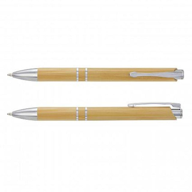 Set of 50 eco-friendly retractable bamboo pens with chrome accents and high-quality German ink for smooth writing.