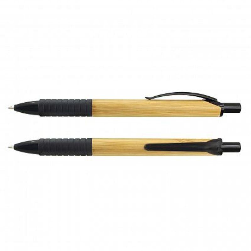 Retractable ball pens in natural and black with bamboo barrels, soft-touch grips, and smooth blue ink refills, set of 100.