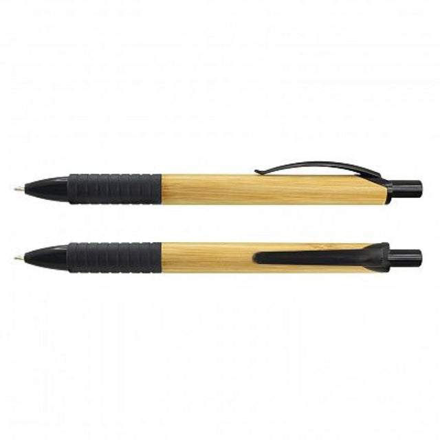 Retractable ball pens in natural and black with bamboo barrels, soft-touch grips, and smooth blue ink refills, set of 100.