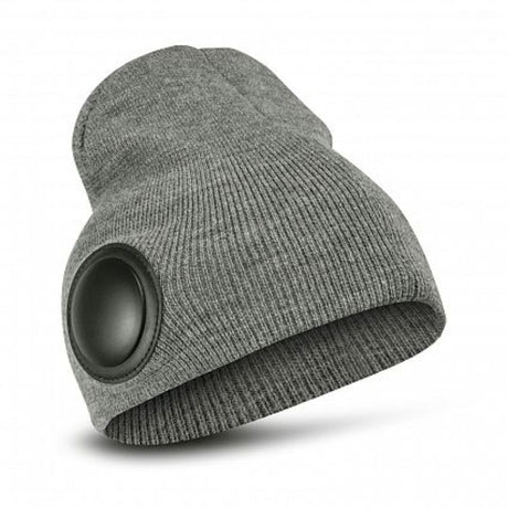 Stylish grey Bluetooth beanie set of 3 with built-in headphones for music and calls, made from warm acrylic yarn.