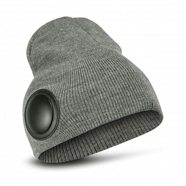 Stylish grey Bluetooth beanie set of 3 with built-in headphones for music and calls, made from warm acrylic yarn.