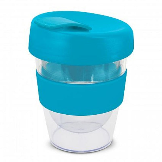 Set of 12 light blue reusable coffee cups with silicone bands, double-wall design, screw-on lids, and splashproof closures.