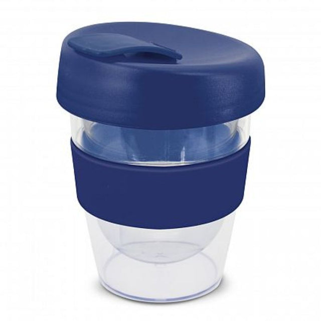 Set of 12 dark blue reusable coffee cups with silicone bands, double wall for heat retention, and splash-proof lids.