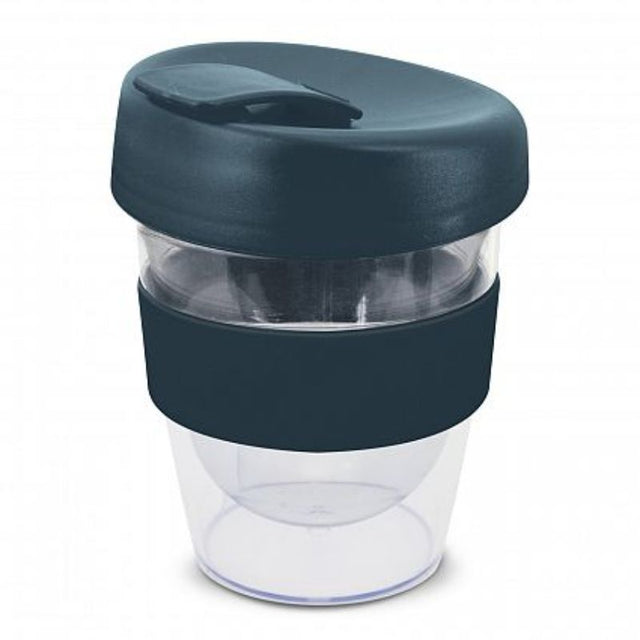 Set of 12 navy 230ml reusable double-wall coffee cups with silicone bands and secure lids for hot beverages on the go.