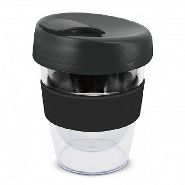 Set of 12 black 230ml reusable coffee cups with silicone band, screw-on lid, and splashproof flip for drinks on the go.