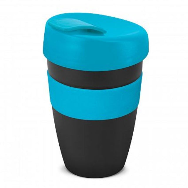 Set of 12 double wall reusable coffee cups in black and light blue, designed to keep drinks hot and comfortable to hold.