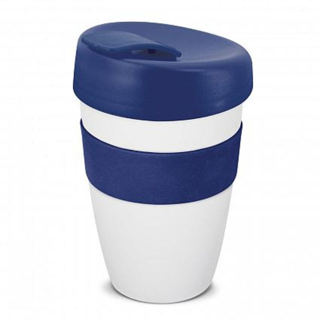 Set of 12 sophisticated double wall coffee cups in white and dark blue, featuring a silicone band and secure flip lid.