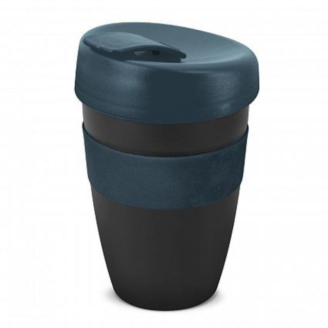 Set of 12 double wall reusable coffee cups in black and navy, designed to keep drinks hot while preventing hand heat transfer.