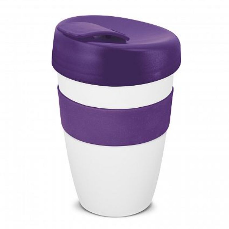 Set of 12 stylish double wall coffee cups in white and purple, designed for hot drinks with secure lids and silicone bands.
