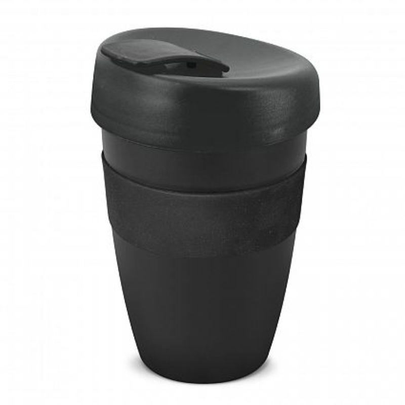 Set of 12 black double wall coffee cups with silicone band, 340ml capacity, secure lid, and shatterproof design.