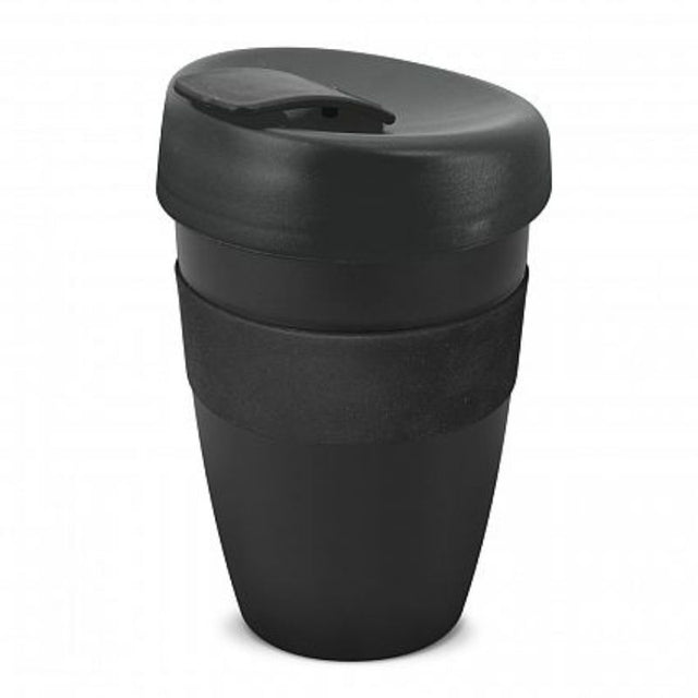 Set of 12 black double wall coffee cups with silicone band, 340ml capacity, secure lid, and shatterproof design.