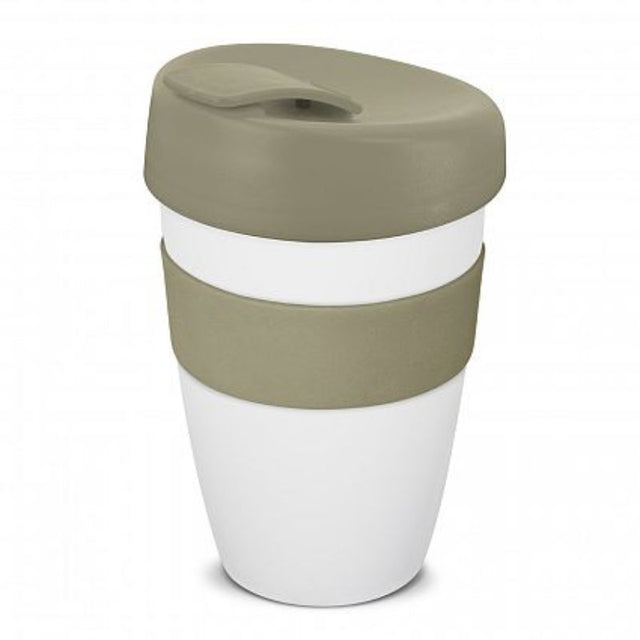Set of 12 elegant double wall coffee cups in white and grey, designed for hot beverages with a secure lid and silicone band.