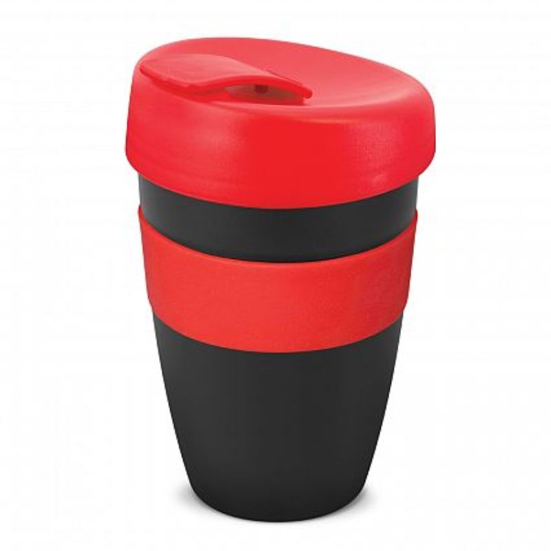 Set of 12 black and red double wall coffee cups, 340ml, shatterproof, with silicone bands and secure lids for safe transport.