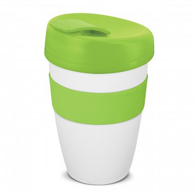 Set of 12 stylish double wall coffee cups in white and bright green, featuring silicone bands and secure screw-on lids.